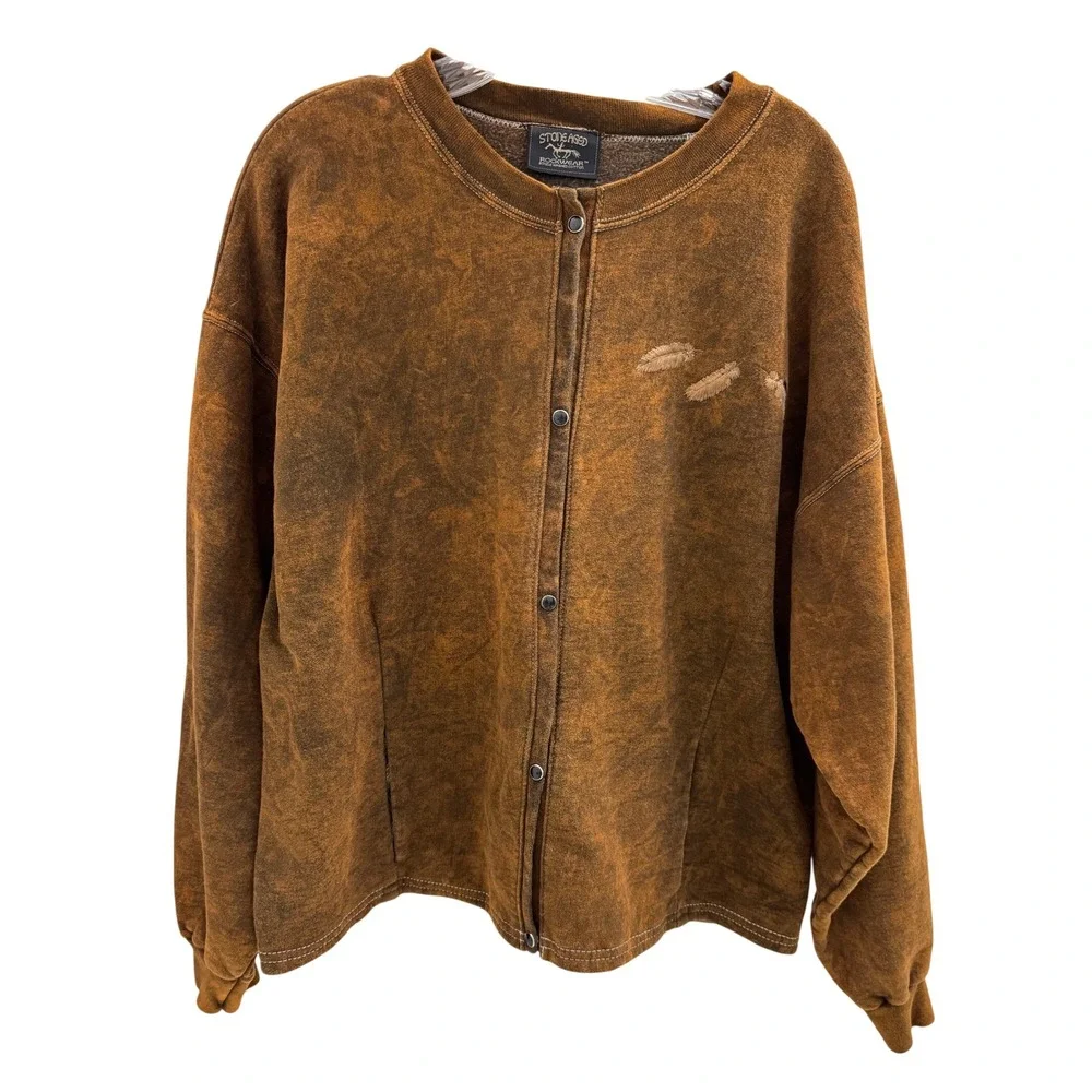 Stone Aged Rockwear Pearl snap Sweatshirt Mens XL Brown Stone Wash Feather USA